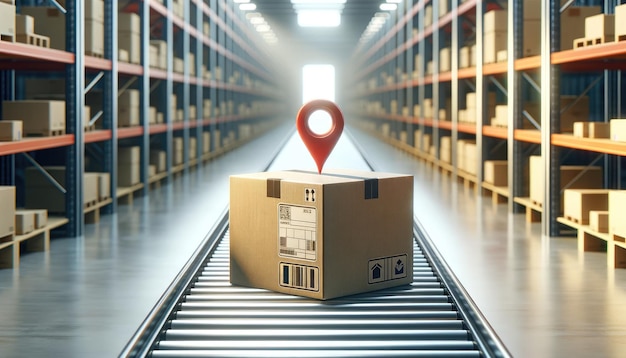 A cardboard box with a location pin tag on a conveyor belt in a large distribution warehouse symbolizing logistics and supply chain management