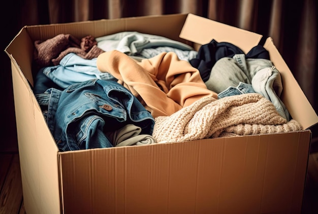 Cardboard box with old clothes for recycling and donating