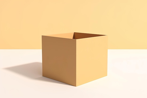 Cardboard box with opened cover isolated on white and beige background