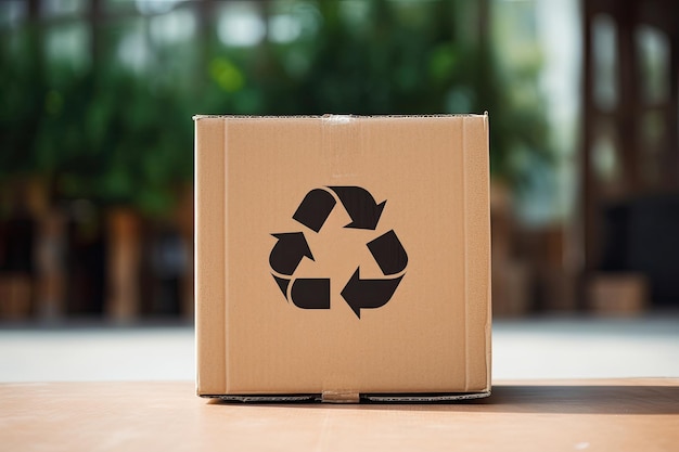 Cardboard box with recycle symbol on wooden table on the street Generative AI