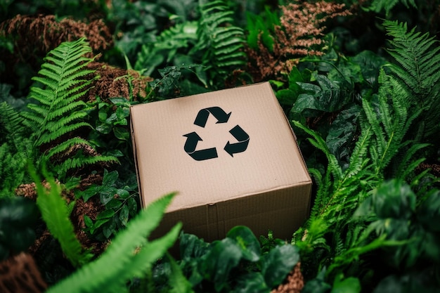Cardboard box with recycling symbol surrounded by lush greenery and ferns showcasing ecofriendly practices in nature