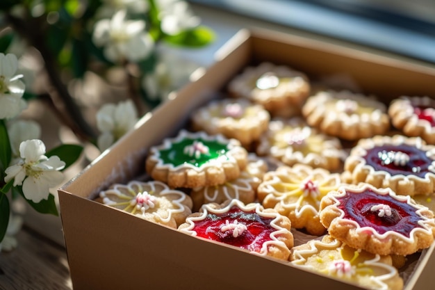 Cardboard box with shortbread cookies decorated with colored icing and jam Generative AI