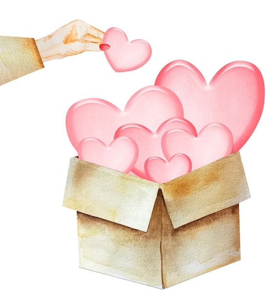 Cardboard box with voluminous hearts watercolor illustration