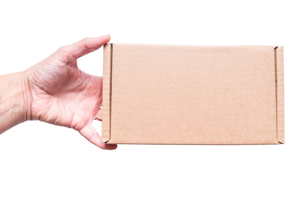 Cardboard box in woman hand, isolated