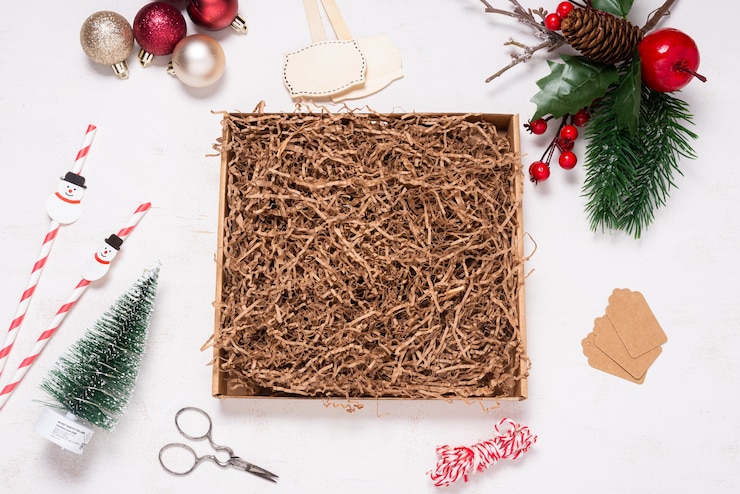 Photo cardboard box on wooden desk decorated with christmas ornament