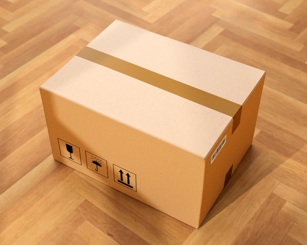 Cardboard box on wooden floor