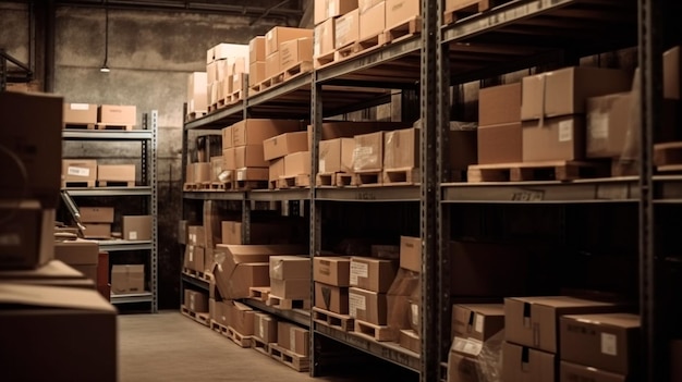 Cardboard boxes abound in the inventory in the contemporary warehouse storage of the retail store Generative AI