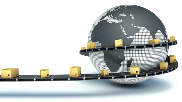 Cardboard boxes are delivered all over the world on the conveyor