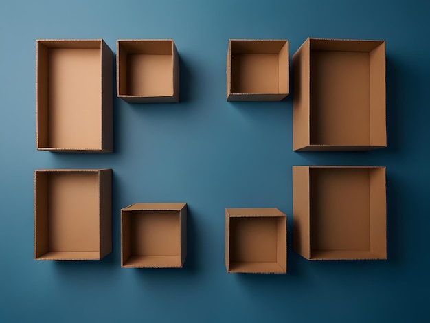 Foto scatole di cartone su sfondo blu di varie dimensioni che creano un disegno