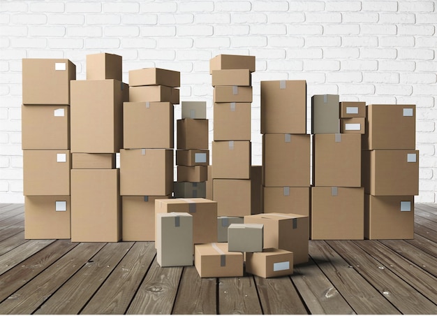 Photo cardboard boxes on brick wall background