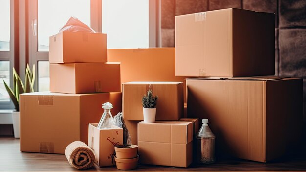 새 집으로 이사하기 위한 골판지 상자와 청소 용품 Move home 개념 Generative Ai