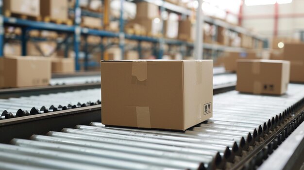 Cardboard boxes on the conveyor belt close up