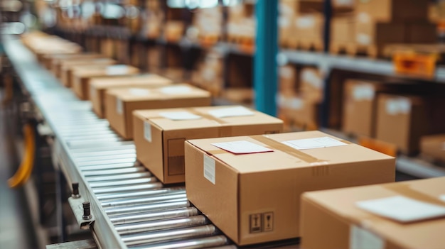 Cardboard boxes on a conveyor belt Delivery packaging production