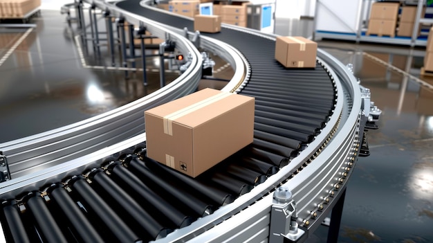 Photo cardboard boxes on conveyor belt in modern distribution center