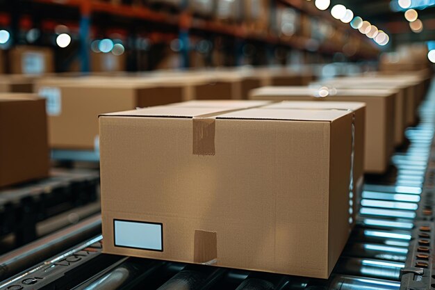 Foto scatole di cartone, nastro trasportatore e imballaggio in magazzino per la distribuzione logistica delle merci