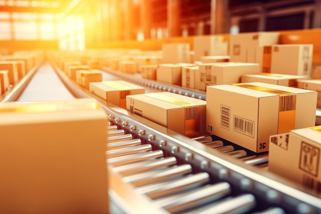 Cardboard boxes on conveyor belt in warehouse