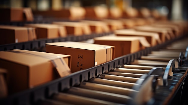 Photo cardboard boxes on conveyor for shipping generative ai