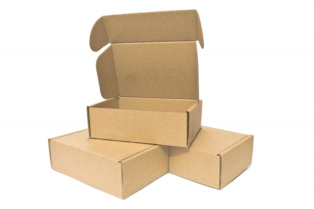 Photo cardboard boxes for delivery service, moving, package or gifts isolated on a white background