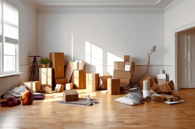 Картонные коробки, заполняющие пустую комнату, символизирующие переезд и расхламление дома Генеративный ИИ