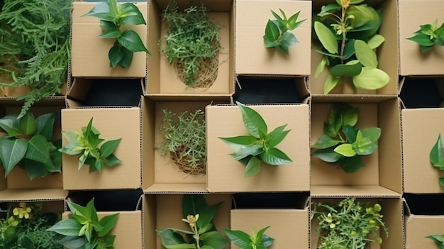 Картонные коробки из натуральных перерабатываемых материалов с листьями