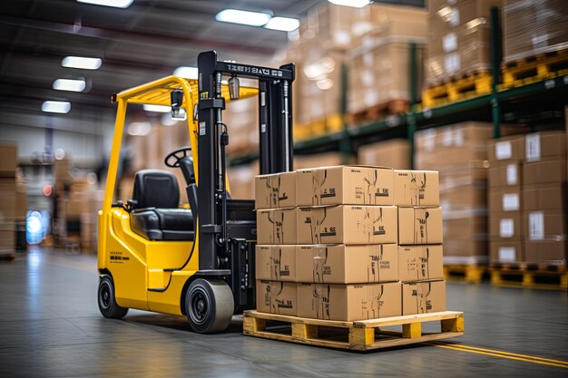 パレット・トラック (パレット・トランク) 物流会社の倉庫で荷物を運ぶパレットトラック (フォークリフト・ローダー) 流通倉庫 (ジェネレーティブ・AI) 