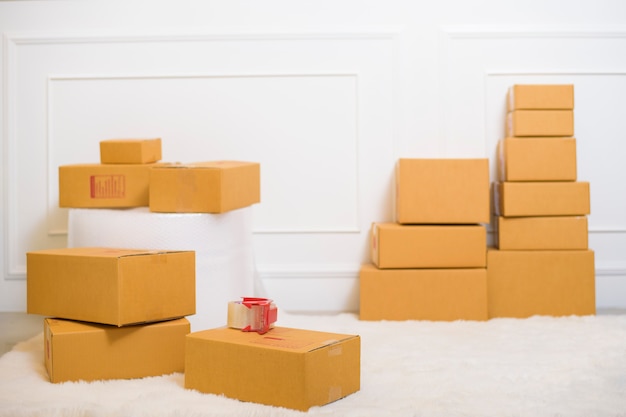 Cardboard boxes in home  for shipping