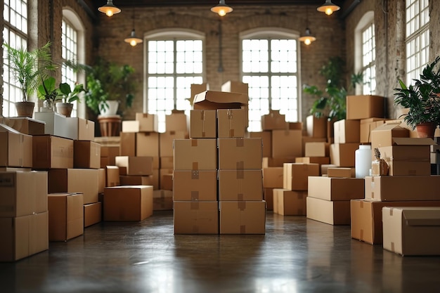 Cardboard boxes and household items in the room a place for text