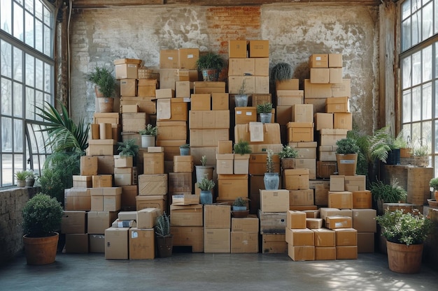 Cardboard boxes and household items in the room a place for text