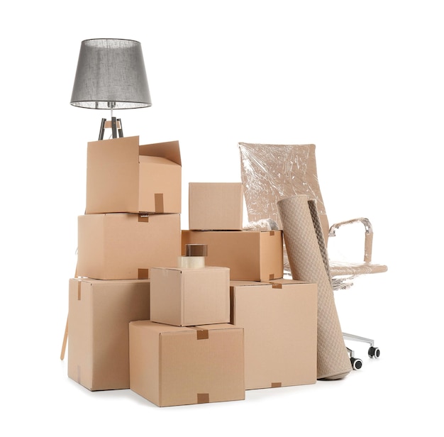 Cardboard boxes and household stuff on white background Moving day
