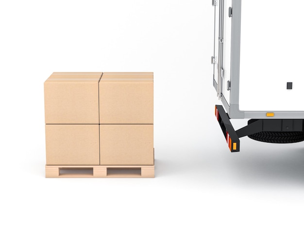 Cardboard boxes mockup on euro pallet near truck, 3d rendering