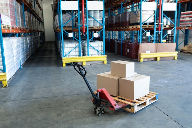 Cardboard boxes on a pallet jack in warehouse