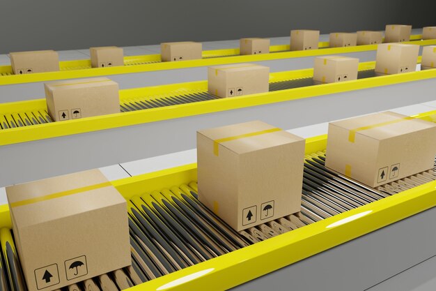 Cardboard boxes progresses along on conveyor belt.