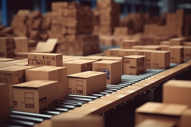 Cardboard boxes ride on the delivery conveyor parcels Generative AI