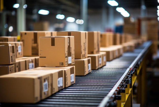 cardboard boxes sitting on a conveyor line at a production facility