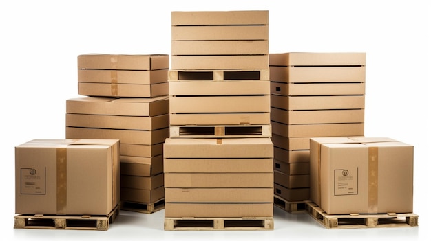 Cardboard boxes stacked on industrial shipping pallets isolated on white