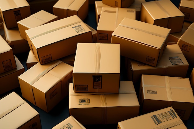 cardboard boxes stacked in a pile in a warehouse