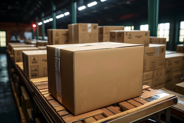 cardboard boxes stacked in a pile in a warehouse