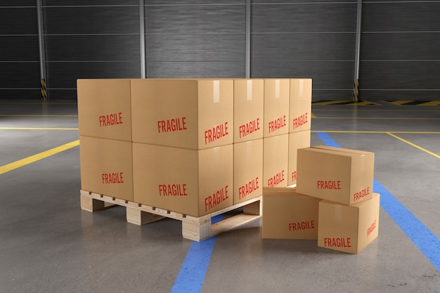 Photo cardboard boxes in a warehouse mockup