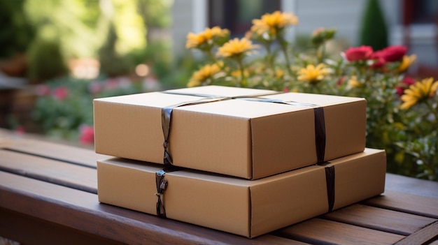 Foto scatole di cartone con consegna scatole per strada all'esterno ia generativa