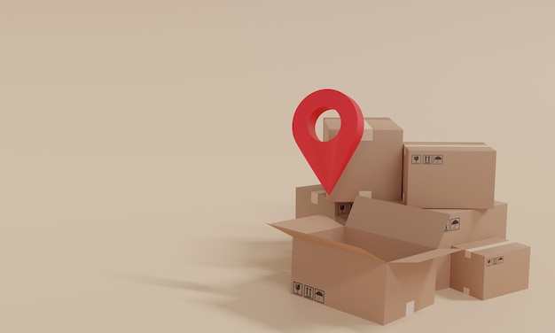 Cardboard boxescargo boxParcel on background With GPS PinConcept for fast delivery servicedelivery and shopping online concept3D rendering illustration