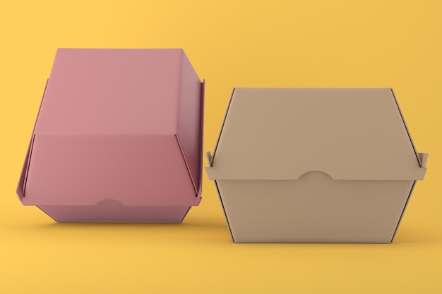 Cardboard Burger Boxes Front Side Isolated In Yellow Background