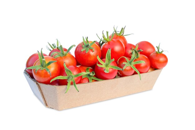 A cardboard container is filled with red cherry tomatoes