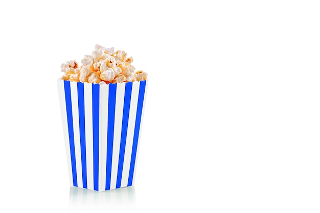 cardboard glass blue with popcorn on a white transparent background closeup