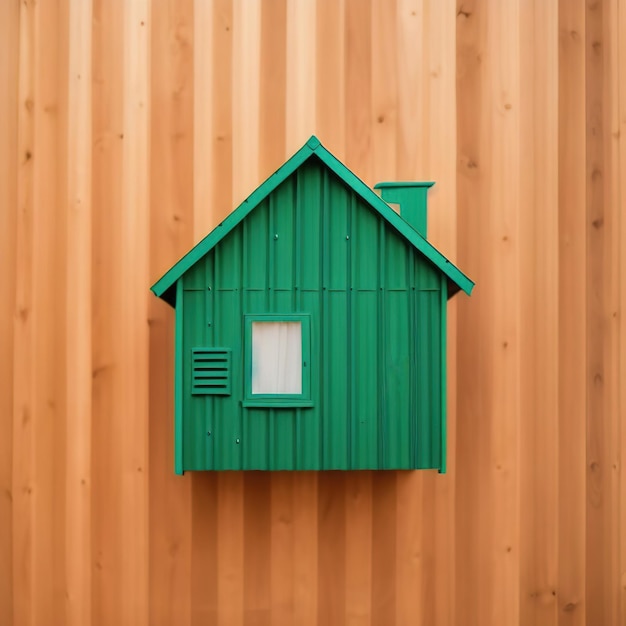 Cardboard house made of corrugated cardboard on a green background holo icon for design