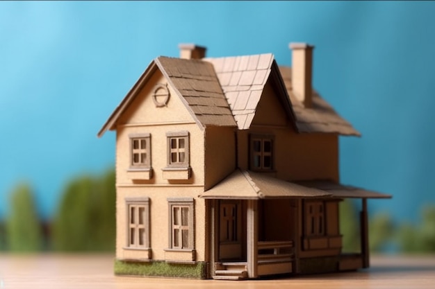 A cardboard house with a blue background and a blue background.