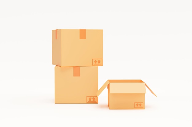写真 白い背景の上の箱配達輸送ロジスティクスの概念の段ボールの山3dレンダリングイラスト