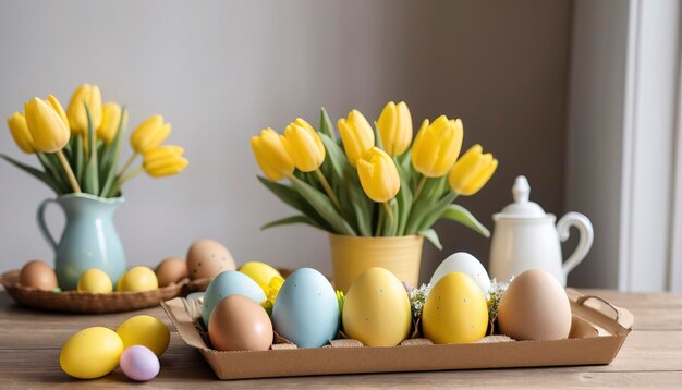 Cardboard tray with Easter eggs on a wooden table next to a bouquet of yellow tulips