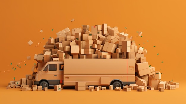 Картонный грузовик набит картонными коробками.