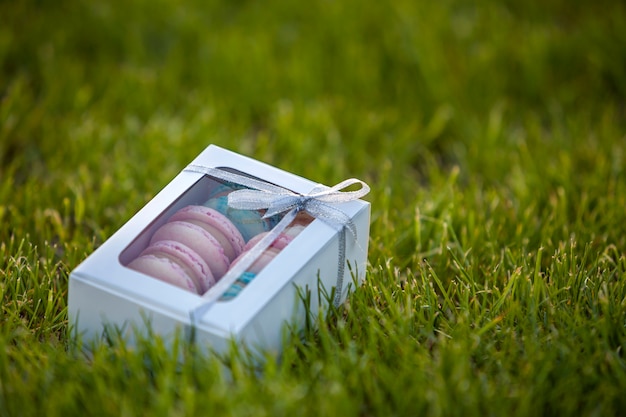 緑の芝生の芝生の上のカラフルな手作りマカロンクッキーと段ボールの白いギフトボックス。