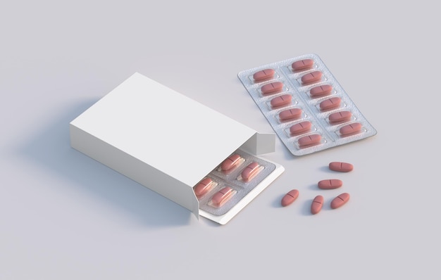 Cardbox packaging with two blisters with vitamin pills Mockup template 3d rendering